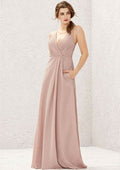 Long/Floor-Length Jersey Bridesmaid Dress, A-Line Cut, V-Neck, Sleeveless, With Pleating BM bride