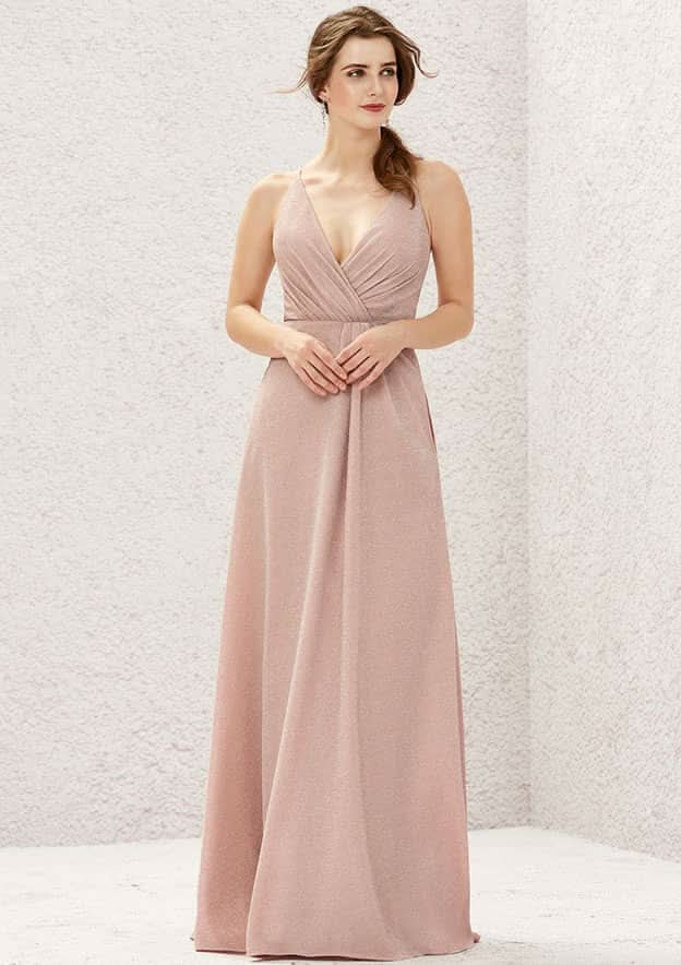 Long/Floor-Length Jersey Bridesmaid Dress, A-Line Cut, V-Neck, Sleeveless, With Pleating BM bride