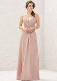 Long/Floor-Length Jersey Bridesmaid Dress, A-Line Cut, V-Neck, Sleeveless, With Pleating BM bride