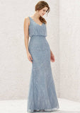 Long/Floor-Length Lace Bridesmaid Dress, Sheath/Column Cut, V-Neck, Sleeveless, With Sequins BM bride