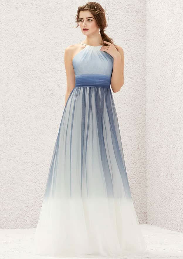 Long/Floor-Length Tulle Bridesmaid Dress, A-Line Cut, Halter Neck, Sleeveless, With Pleating BM bride