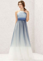 Long/Floor-Length Tulle Bridesmaid Dress, A-Line Cut, Halter Neck, Sleeveless, With Pleating BM bride