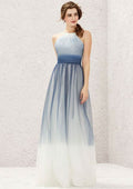 Long/Floor-Length Tulle Bridesmaid Dress, A-Line Cut, Halter Neck, Sleeveless, With Pleating BM bride