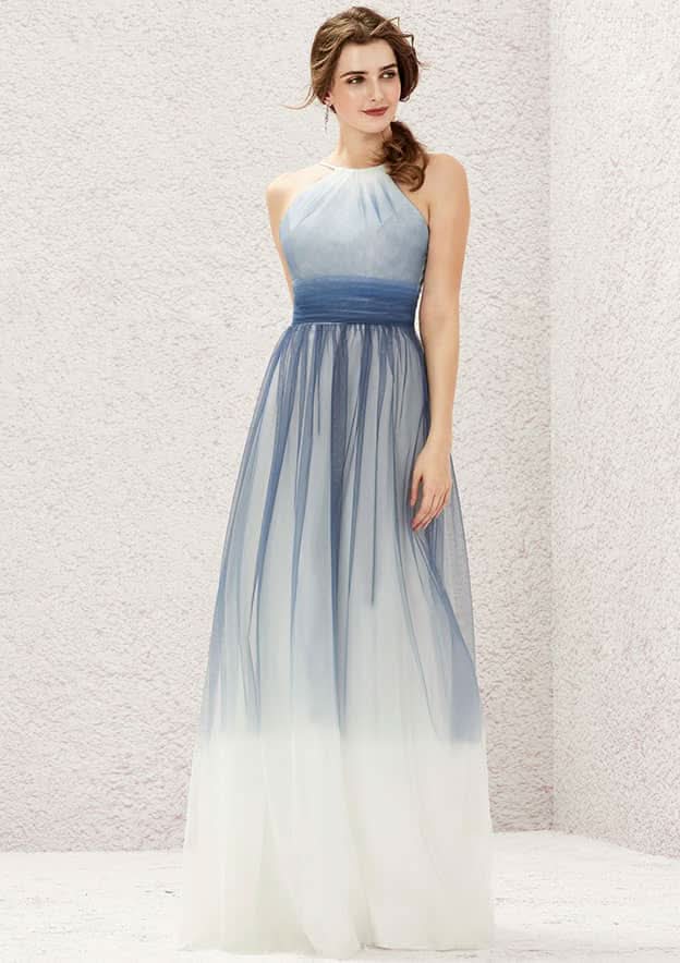 Long/Floor-Length Tulle Bridesmaid Dress, A-Line Cut, Halter Neck, Sleeveless, With Pleating BM bride