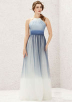 Long/Floor-Length Tulle Bridesmaid Dress, A-Line Cut, Halter Neck, Sleeveless, With Pleating BM bride