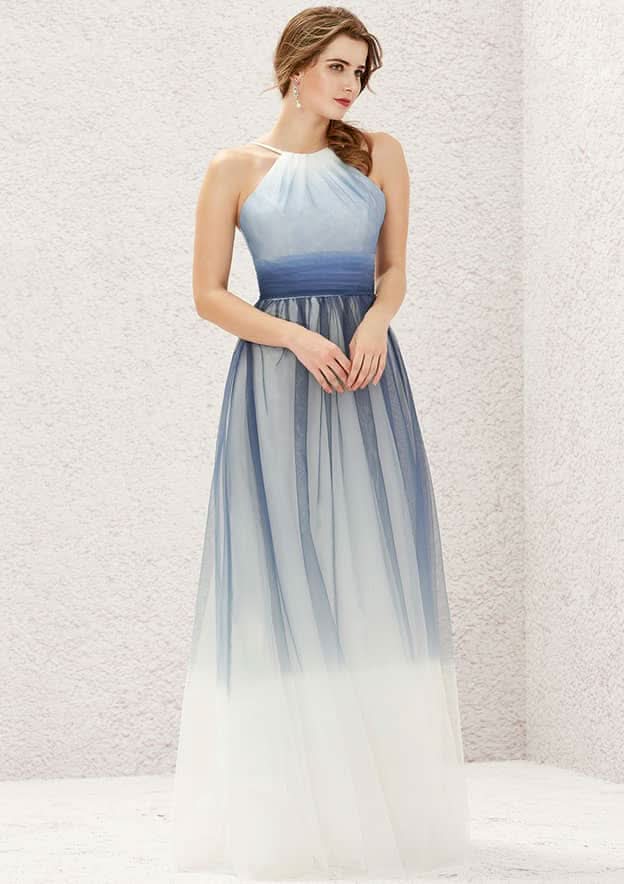 Long/Floor-Length Tulle Bridesmaid Dress, A-Line Cut, Halter Neck, Sleeveless, With Pleating BM bride