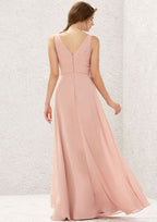 Long/Floor-Length Chiffon Bridesmaid Dress, A-Line Cut, V-Neck, Sleeveless, With Pleating BM bride