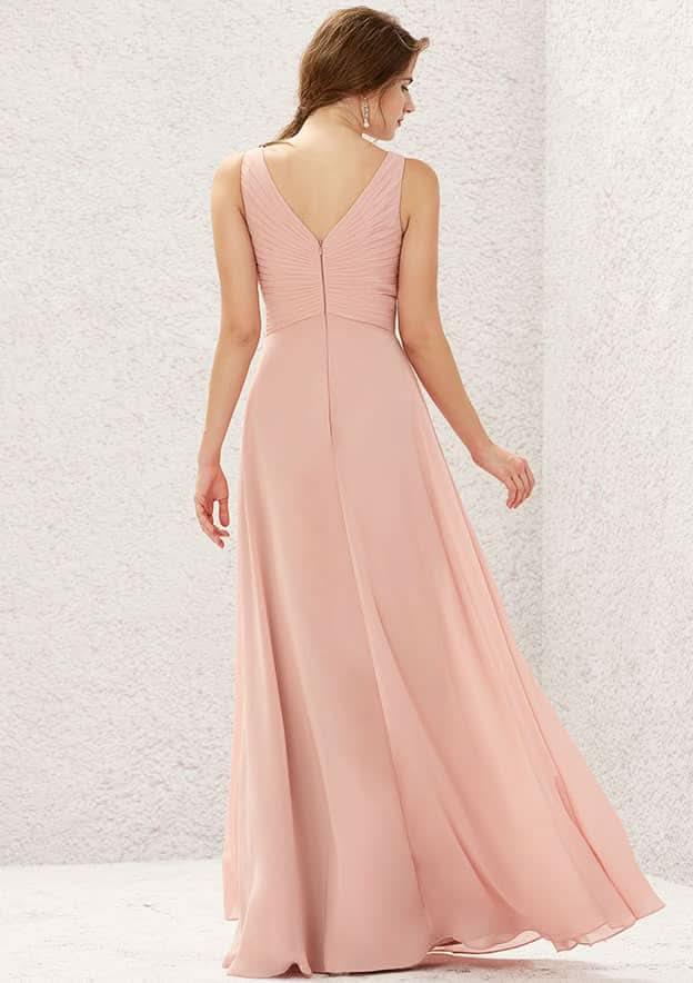 Long/Floor-Length Chiffon Bridesmaid Dress, A-Line Cut, V-Neck, Sleeveless, With Pleating BM bride