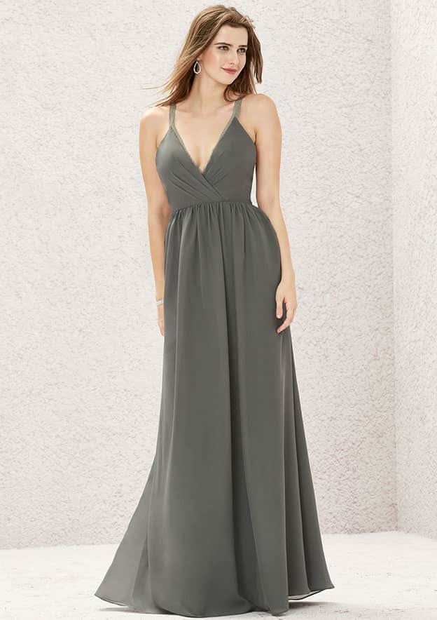 Floor-Length Chiffon Bridesmaid Dress, A-Line Design, V-Neck, Sleeveless, Adorned With Pleats And Lace BM bride