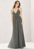Floor-Length Chiffon Bridesmaid Dress, A-Line Design, V-Neck, Sleeveless, Adorned With Pleats And Lace BM bride