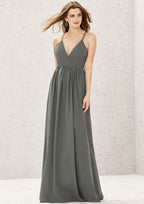 Floor-Length Chiffon Bridesmaid Dress, A-Line Design, V-Neck, Sleeveless, Adorned With Pleats And Lace BM bride