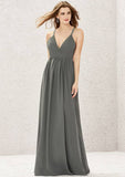 Floor-Length Chiffon Bridesmaid Dress, A-Line Design, V-Neck, Sleeveless, Adorned With Pleats And Lace BM bride