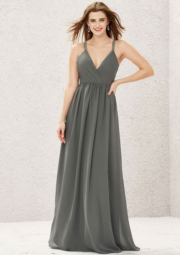 Floor-Length Chiffon Bridesmaid Dress, A-Line Design, V-Neck, Sleeveless, Adorned With Pleats And Lace BM bride