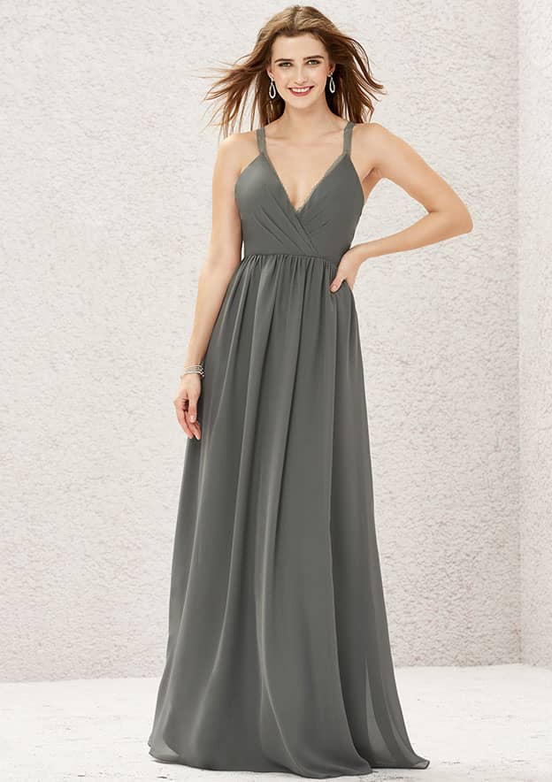 Floor-Length Chiffon Bridesmaid Dress, A-Line Design, V-Neck, Sleeveless, Adorned With Pleats And Lace BM bride