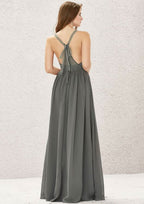 Floor-Length Chiffon Bridesmaid Dress, A-Line Design, V-Neck, Sleeveless, Adorned With Pleats And Lace BM bride