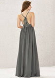 Floor-Length Chiffon Bridesmaid Dress, A-Line Design, V-Neck, Sleeveless, Adorned With Pleats And Lace BM bride