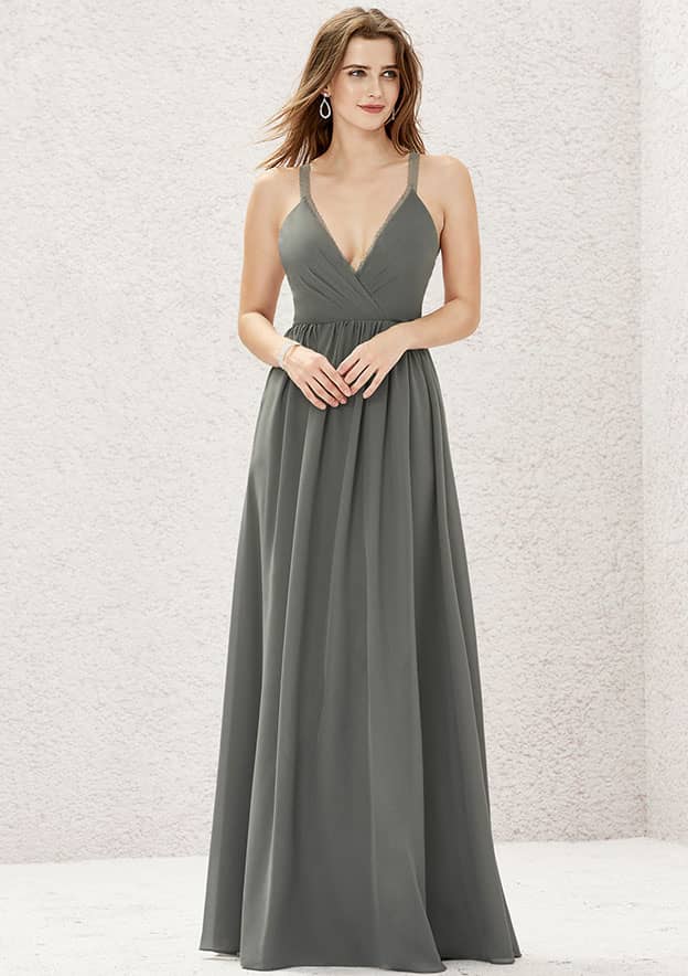 Floor-Length Chiffon Bridesmaid Dress, A-Line Design, V-Neck, Sleeveless, Adorned With Pleats And Lace BM bride