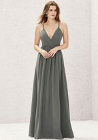 Floor-Length Chiffon Bridesmaid Dress, A-Line Design, V-Neck, Sleeveless, Adorned With Pleats And Lace BM bride