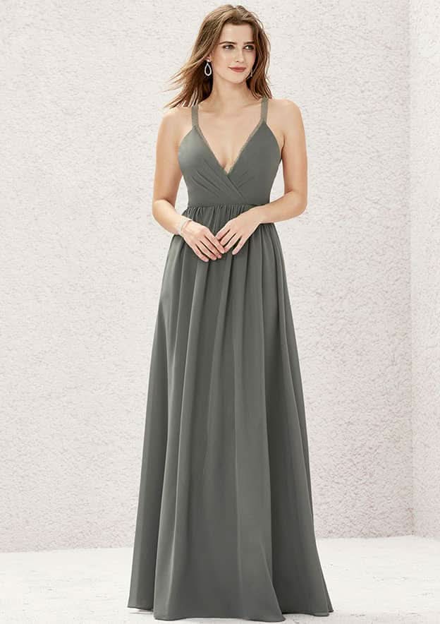 Floor-Length Chiffon Bridesmaid Dress, A-Line Design, V-Neck, Sleeveless, Adorned With Pleats And Lace BM bride