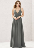 Floor-Length Chiffon Bridesmaid Dress, A-Line Design, V-Neck, Sleeveless, Adorned With Pleats And Lace BM bride