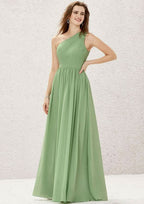 One-Shoulder A-Line Floor-Length Chiffon Bridesmaid Dress, Sleeveless With Pleats BM bride