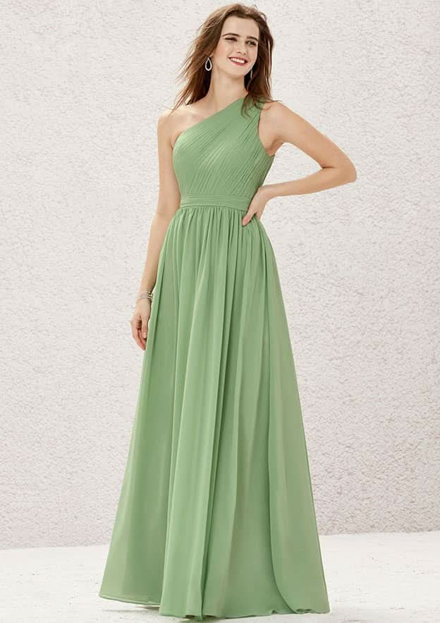 One-Shoulder A-Line Floor-Length Chiffon Bridesmaid Dress, Sleeveless With Pleats BM bride