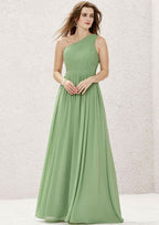 One-Shoulder A-Line Floor-Length Chiffon Bridesmaid Dress, Sleeveless With Pleats BM bride