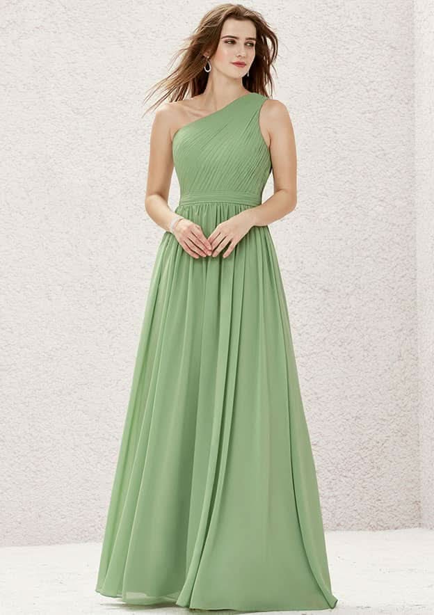 One-Shoulder A-Line Floor-Length Chiffon Bridesmaid Dress, Sleeveless With Pleats BM bride