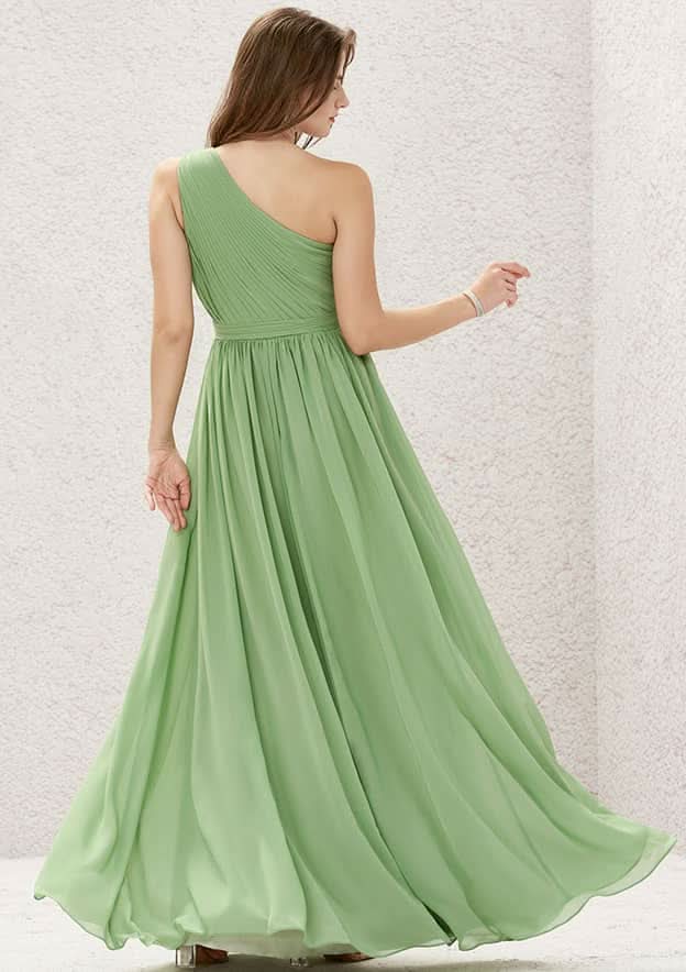 One-Shoulder A-Line Floor-Length Chiffon Bridesmaid Dress, Sleeveless With Pleats BM bride