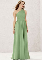One-Shoulder A-Line Floor-Length Chiffon Bridesmaid Dress, Sleeveless With Pleats BM bride