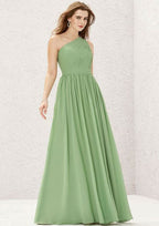 One-Shoulder A-Line Floor-Length Chiffon Bridesmaid Dress, Sleeveless With Pleats BM bride