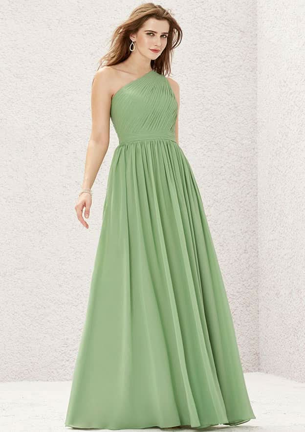 One-Shoulder A-Line Floor-Length Chiffon Bridesmaid Dress, Sleeveless With Pleats BM bride