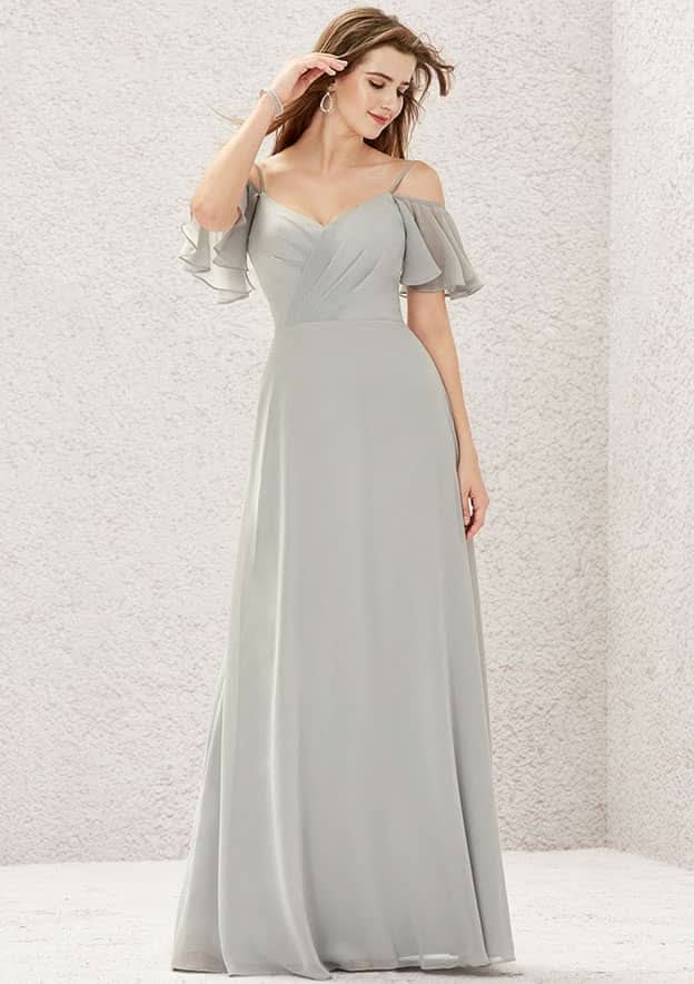 A-Line Sweetheart Floor-Length Short Sleeve Chiffon Bridesmaid Dress With Pleats BM bride