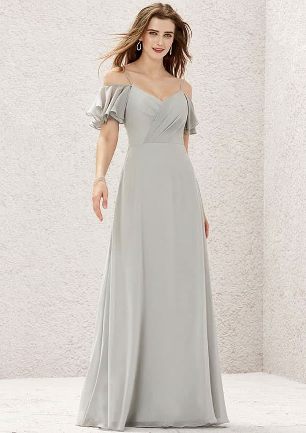 A-Line Sweetheart Floor-Length Short Sleeve Chiffon Bridesmaid Dress With Pleats BM bride