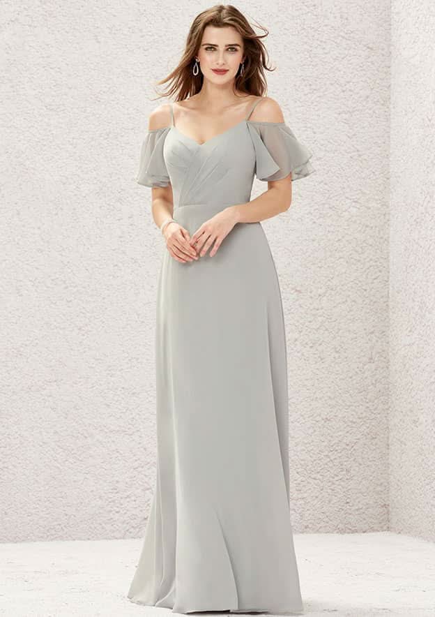 A-Line Sweetheart Floor-Length Short Sleeve Chiffon Bridesmaid Dress With Pleats BM bride