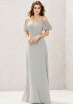 A-Line Sweetheart Floor-Length Short Sleeve Chiffon Bridesmaid Dress With Pleats BM bride