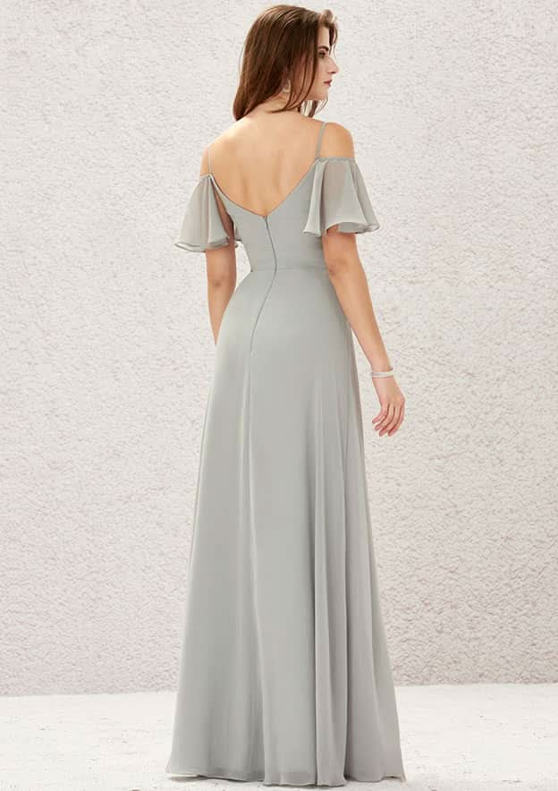 A-Line Sweetheart Floor-Length Short Sleeve Chiffon Bridesmaid Dress With Pleats BM bride
