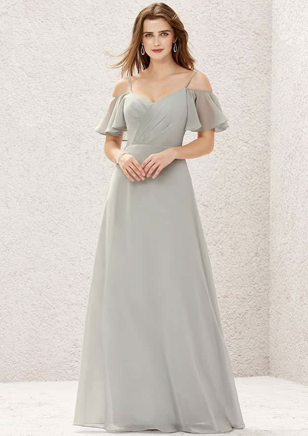 A-Line Sweetheart Floor-Length Short Sleeve Chiffon Bridesmaid Dress With Pleats BM bride