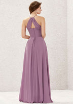 Long/Floor-Length Chiffon Bridesmaid Dress, Halter Neckline, Sleeveless, With Pleats (Duplicate, But Keeping For Variety) BM bride