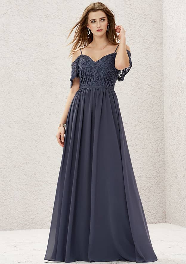 Long/Floor-Length Lace Chiffon Bridesmaid Dress, A-Line Cut, Sweetheart Neckline, Short Sleeve, With Pleating BM bride