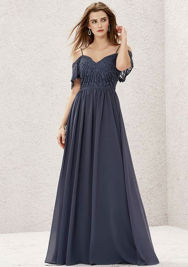 Long/Floor-Length Lace Chiffon Bridesmaid Dress, A-Line Cut, Sweetheart Neckline, Short Sleeve, With Pleating BM bride