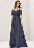 Long/Floor-Length Lace Chiffon Bridesmaid Dress, A-Line Cut, Sweetheart Neckline, Short Sleeve, With Pleating BM bride