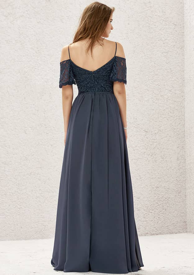 Long/Floor-Length Lace Chiffon Bridesmaid Dress, A-Line Cut, Sweetheart Neckline, Short Sleeve, With Pleating BM bride