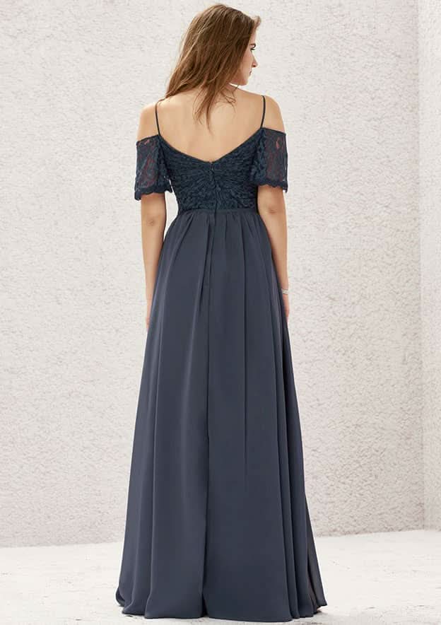 Long/Floor-Length Lace Chiffon Bridesmaid Dress, A-Line Cut, Sweetheart Neckline, Short Sleeve, With Pleating BM bride