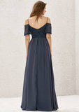 Long/Floor-Length Lace Chiffon Bridesmaid Dress, A-Line Cut, Sweetheart Neckline, Short Sleeve, With Pleating BM bride