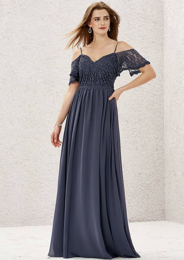 Long/Floor-Length Lace Chiffon Bridesmaid Dress, A-Line Cut, Sweetheart Neckline, Short Sleeve, With Pleating BM bride