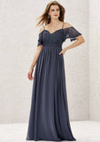 Long/Floor-Length Lace Chiffon Bridesmaid Dress, A-Line Cut, Sweetheart Neckline, Short Sleeve, With Pleating BM bride