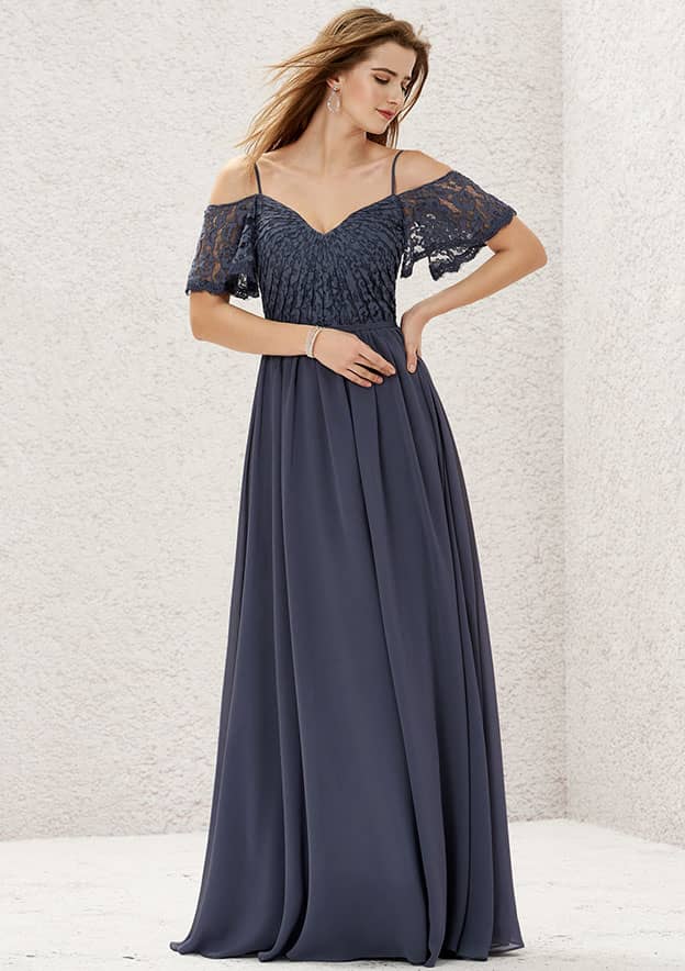 Long/Floor-Length Lace Chiffon Bridesmaid Dress, A-Line Cut, Sweetheart Neckline, Short Sleeve, With Pleating BM bride