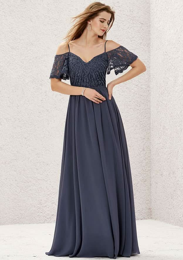 Long/Floor-Length Lace Chiffon Bridesmaid Dress, A-Line Cut, Sweetheart Neckline, Short Sleeve, With Pleating BM bride