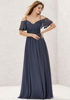 Long/Floor-Length Lace Chiffon Bridesmaid Dress, A-Line Cut, Sweetheart Neckline, Short Sleeve, With Pleating BM bride